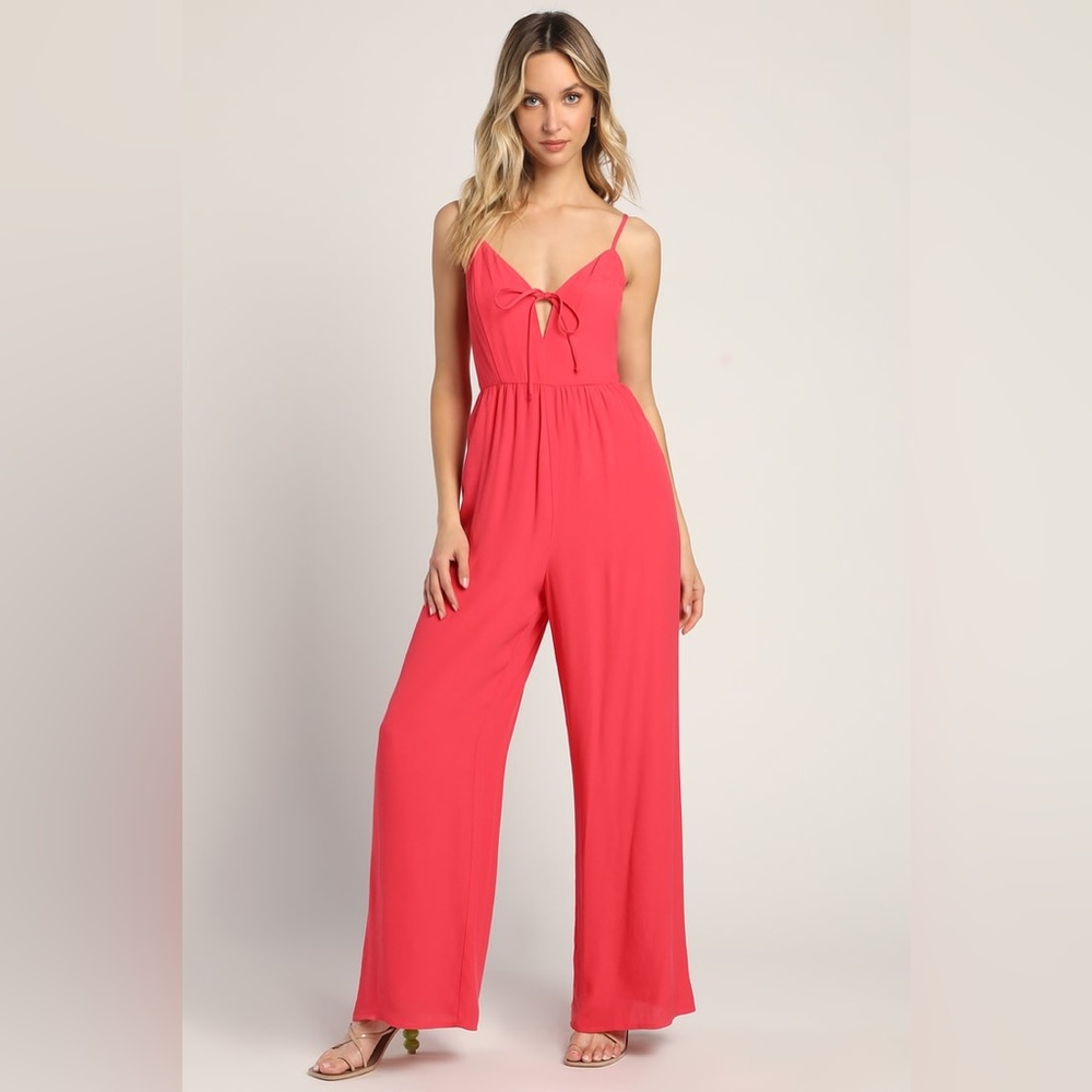 Lulus Stand-Out Status Coral Pink Sleeveless Wide-Leg Jumpsuit Size M NWT
